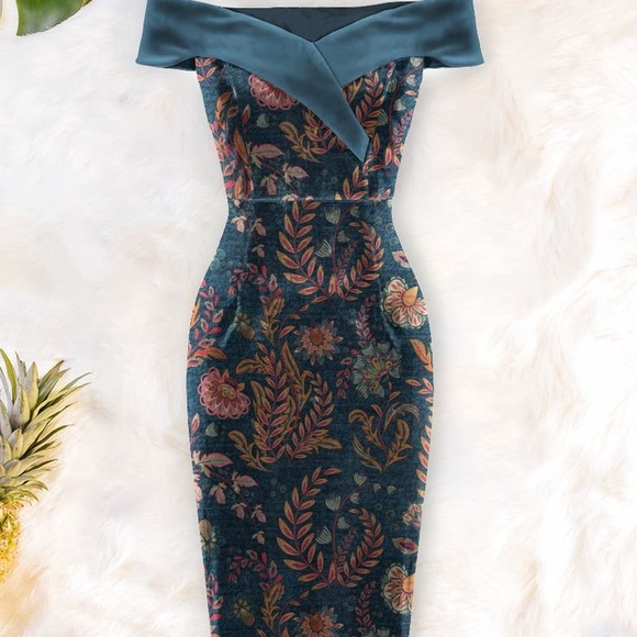 Averie Dresses & Skirts - NWT Averie Halley Velvet Off-the-Shoulder Pencil Dress Size M Boho Paisley Fall